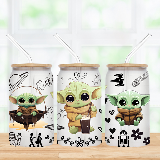 Baby Yoda Doodle Dreams 16oz Frosted Glass Can Tumbler