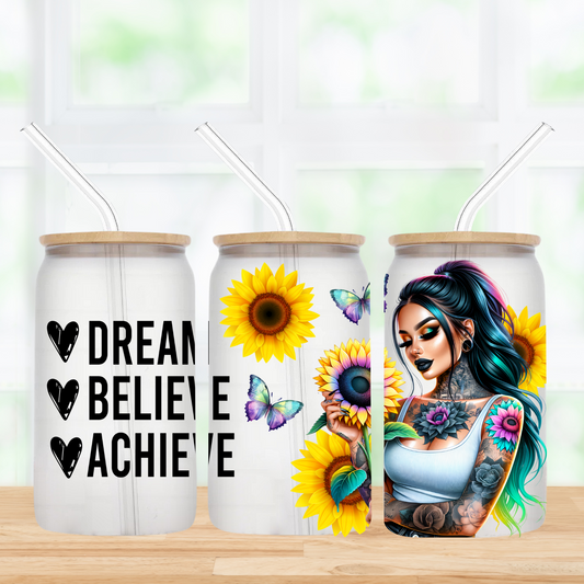 Dream, Believe, Achieve 16oz Frosted Glass Can Tumbler