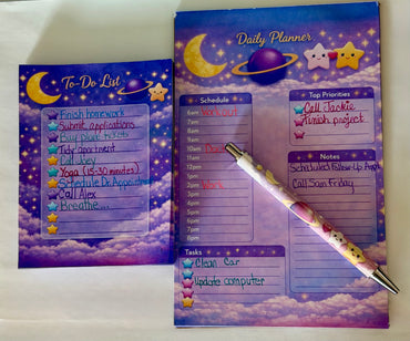 Celestial Daily Planner – Moon & Stars Daily Planner Notepad | Hourly Schedule Pad | Purple Space Stationery | Kawaii Celestial Daily Planner