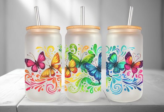Rainbow Butterfly 16oz Frosted Glass Can Tumbler