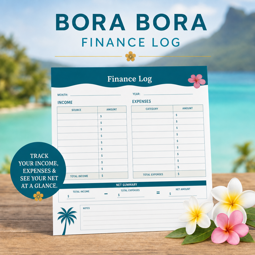 Bora Bora Finance Log Notepad | PRINTABLE | 5.5×8.5 | 30 Pages | Instant Download