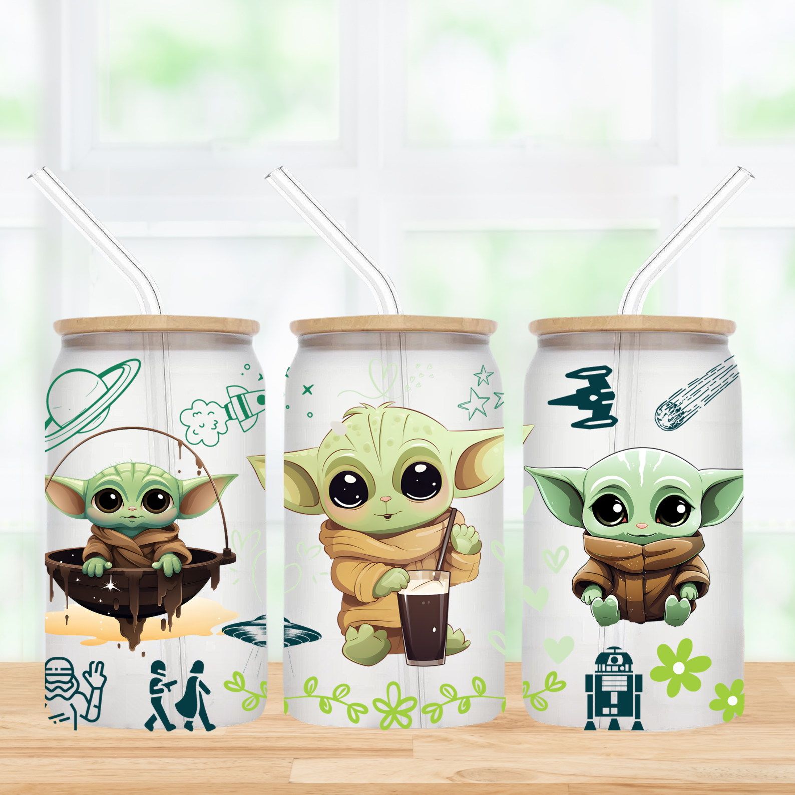 Baby Yoda Doodle Dreams 16oz Frosted Glass Can Tumbler