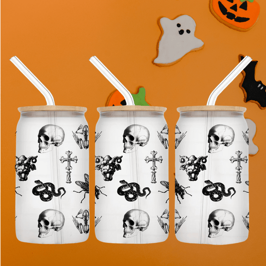 Gothic Skulls 16oz Frosted Glass Can Tumbler