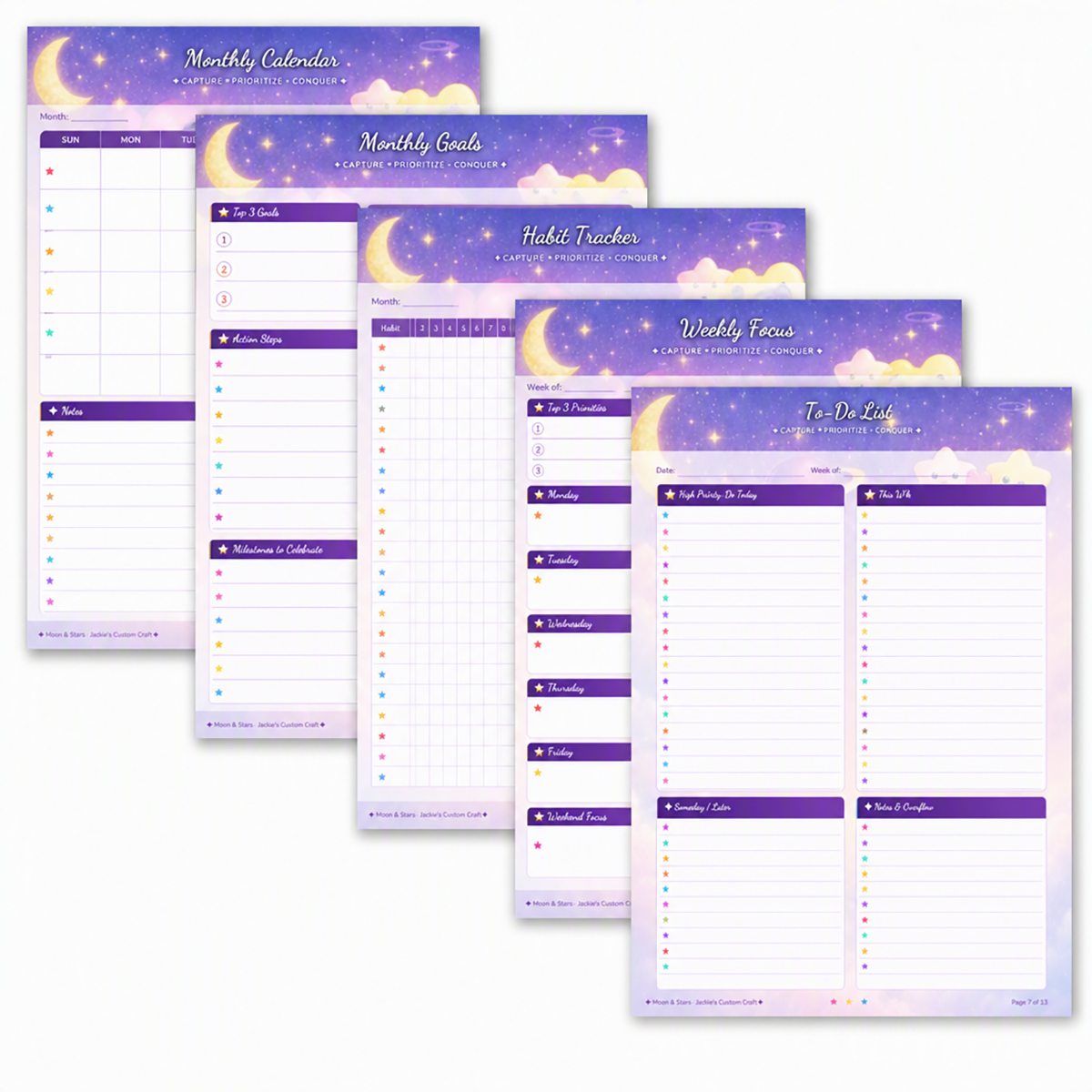 Moon & Stars Weekly Planner — Printable Celestial Planning Bundle (13 Pages)