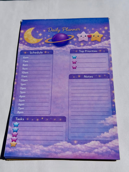 Celestial Daily Planner – Moon & Stars Daily Planner Notepad | Hourly Schedule Pad | Purple Space Stationery | Kawaii Celestial Daily Planner