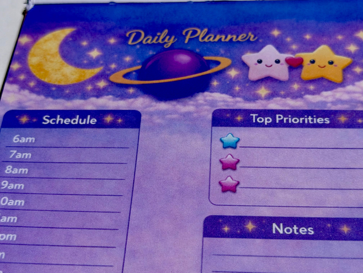Celestial Daily Planner – Moon & Stars Daily Planner Notepad | Hourly Schedule Pad | Purple Space Stationery | Kawaii Celestial Daily Planner