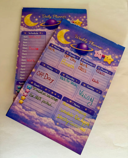 Celestial Daily Planner – Moon & Stars Daily Planner Notepad | Hourly Schedule Pad | Purple Space Stationery | Kawaii Celestial Daily Planner