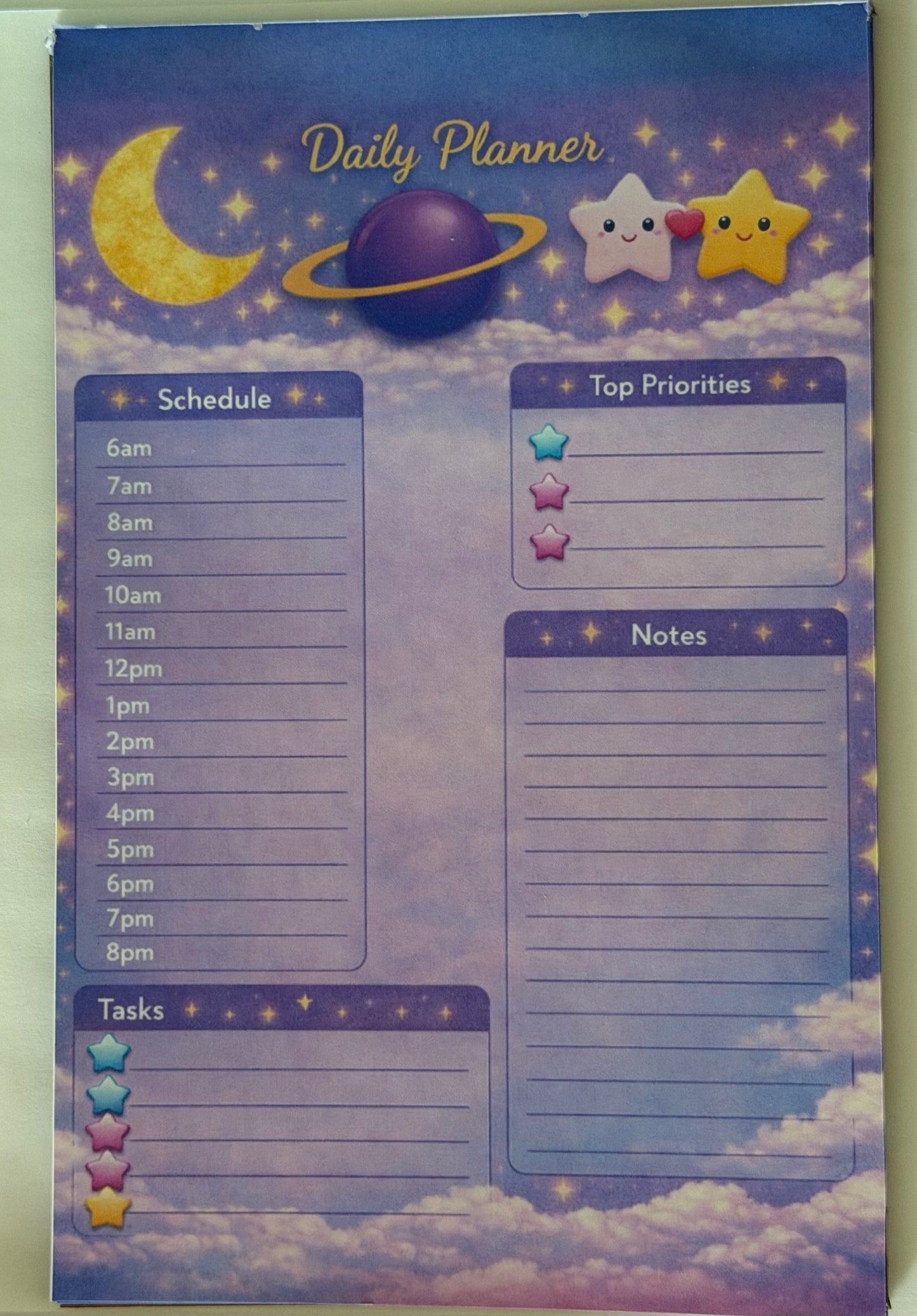 Celestial Daily Planner – Moon & Stars Daily Planner Notepad | Hourly Schedule Pad | Purple Space Stationery | Kawaii Celestial Daily Planner