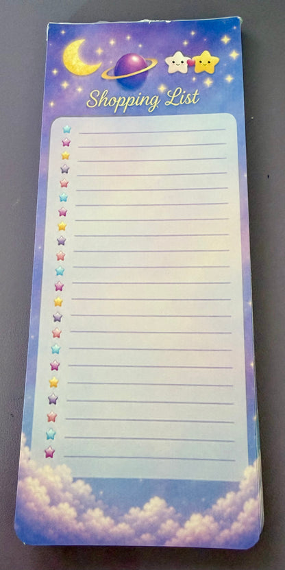 Moon & Stars Shopping List Notepad | Celestial Galaxy Kawaii Stationery | Moon & Stars Planet Lined Notepad