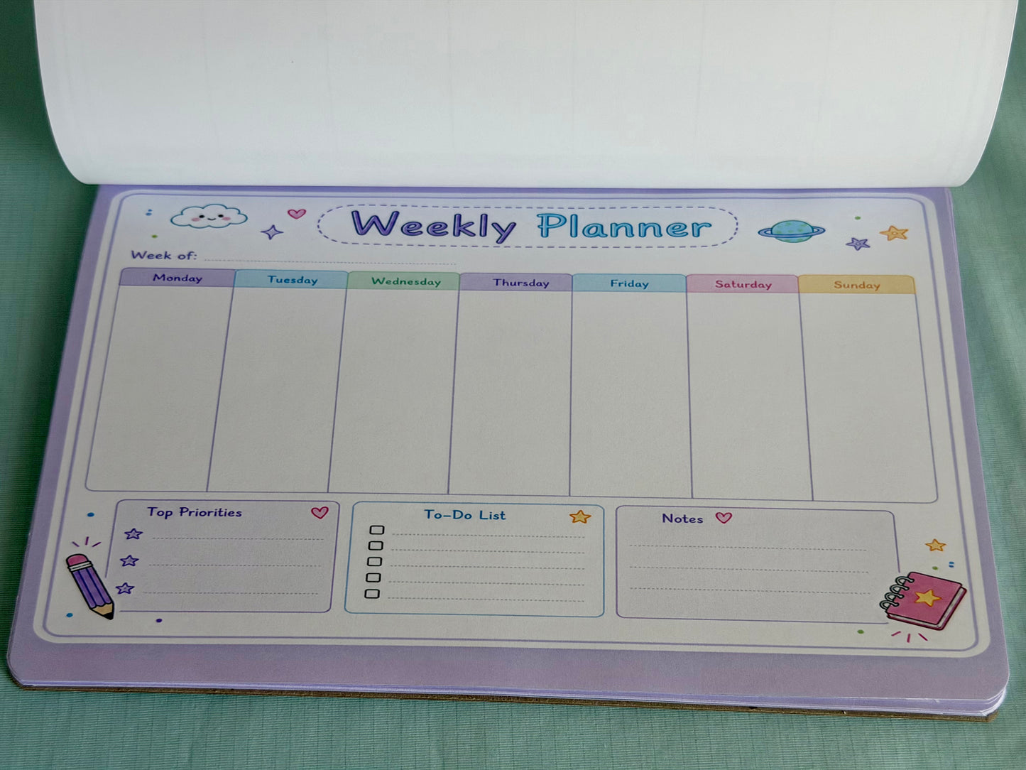 Starburst Days Weekly Planner – Handmade Celestial Pastel | Mon–Sun Layout with Priorities & NotesStarburst Days Weekly Planner – Handmade Celestial Pastel | Mon–Sun Layout with Priorities & Notes
