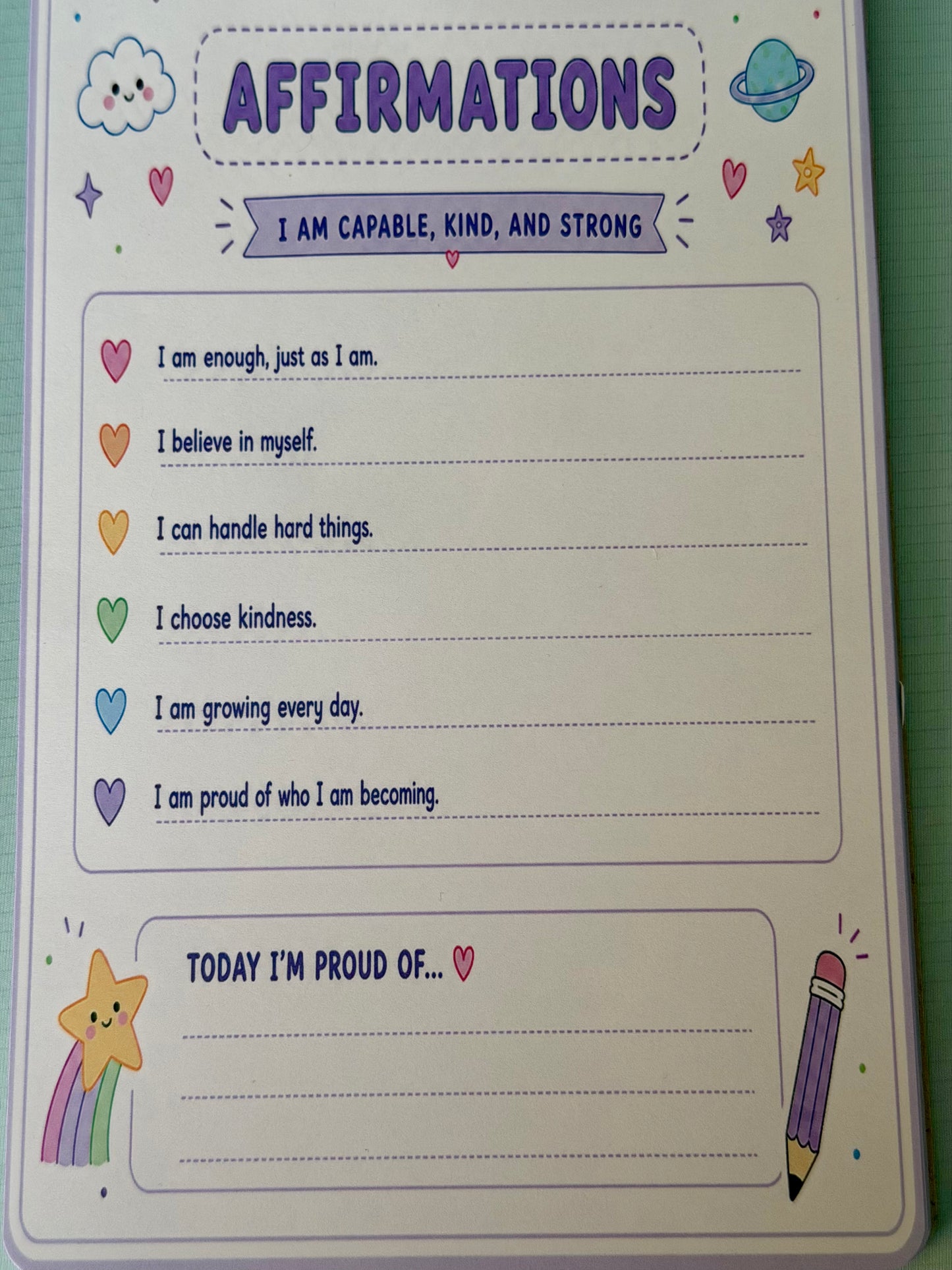 Starburst Days Affirmations Pad – Handmade Celestial Pastel | Pre-Printed Positive Affirmations