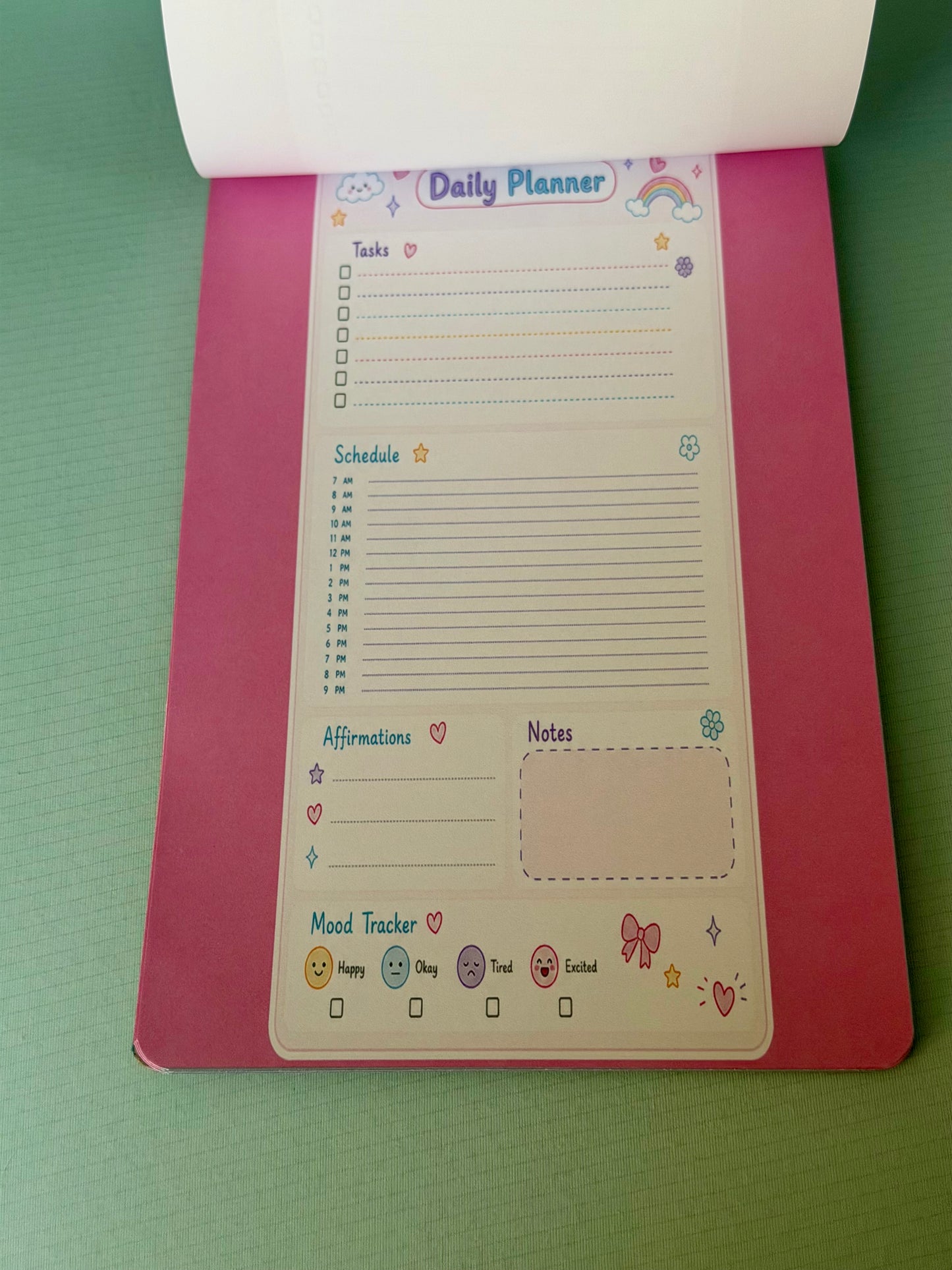 Starburst Days Daily Planner – Handmade Celestial Pastel | Schedule, Mood Tracker & Affirmations