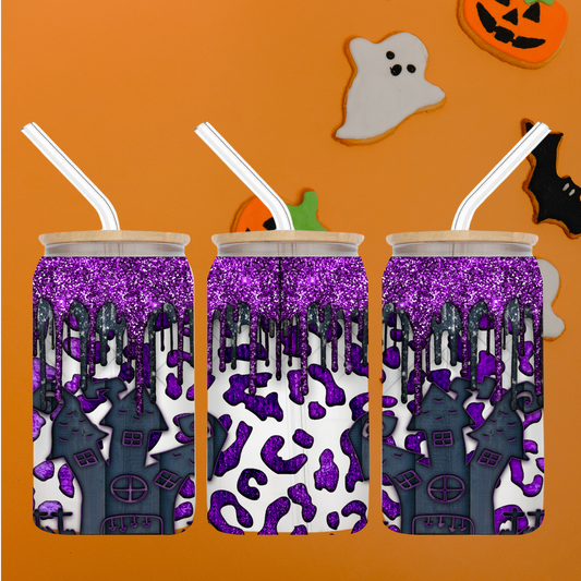 Purple Haunted House 16oz Frosted Glass Can Tumbler